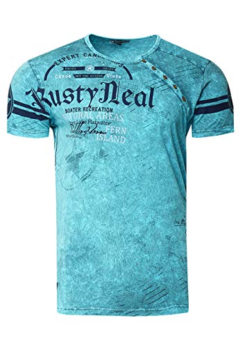 T-Shirt Herren Front Logo Print Verwaschen in Sommer Farben Knopfleiste Rundhals Petrol 245, Farbe:Petrol, Größe S-3XL:XL von Rusty Neal