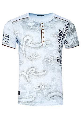 T-Shirt Herren Knopfleiste Kurzarm Rundhals Tshirt All Over Printed Light Washed Regular Fit 246, Größe S-3XL:M, Farbe:Hell Blau von Rusty Neal