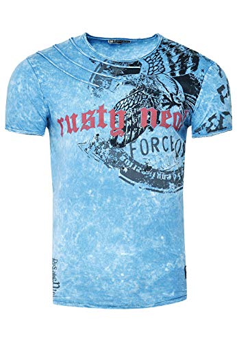 T-Shirt Herren Kurzarm Rundhals Tshirt für Männer S M L XL XXL 3XL Printed Regular Fit Verwaschen 228, Größe S-6XL:L, Farbe:Blau von Rusty Neal