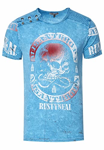 T-Shirt Herren Schwarz Blau Rot Camel Verwaschen Regular Fit S M L XL 2XL 3XL mit Asymmetrisch Knopfleiste All Over Skull Print Street-Wear Shirt 292, Farbe:Blau, Größe S-3XL:M von Rusty Neal