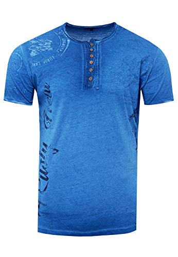 T-Shirt Herren Schwarz S - 3XL Kurzarm Rundhals Knopfleiste Seitliche Front Prints Tshirt Verwaschen 241, Farbe:Blau, Größe S-3XL:3XL von Rusty Neal