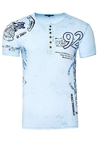 T-Shirt Herren Schwarz S - 3XL Kurzarm Rundhals Knopfleiste Seitliche Front Prints Tshirt Verwaschen 241, Farbe:Blau, Größe S-3XL:L von Rusty Neal