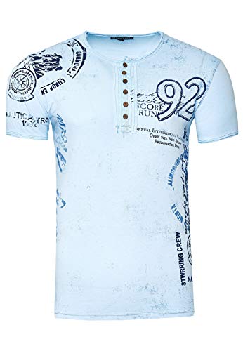 T-Shirt Herren Schwarz S - 3XL Kurzarm Rundhals Knopfleiste Seitliche Front Prints Tshirt Verwaschen 241, Farbe:Blau, Größe S-3XL:XL von Rusty Neal