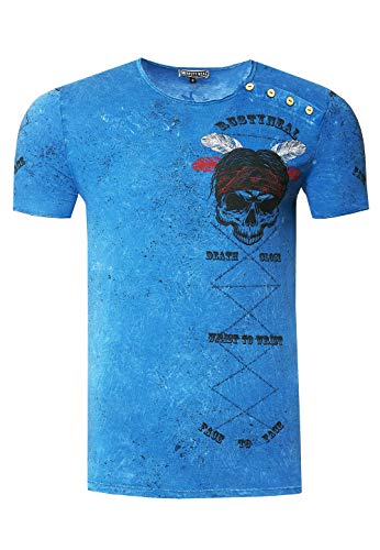 T-Shirt Herren Verwaschen Plakativer Print Rundhals mit Knopfleiste Skull S M L XL XXL 3XL 262, Farbe:Blau, Größe S-3XL:3XL von Rusty Neal