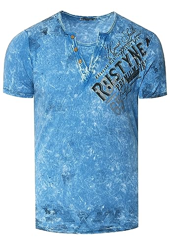 T-Shirt Herren Verwaschen Used Look Seitlicher Logo Print Rundhals mit Knopfleiste V-Neck Optik 240, Farbe:Blau, Größe S-3XL:4XL von Rusty Neal