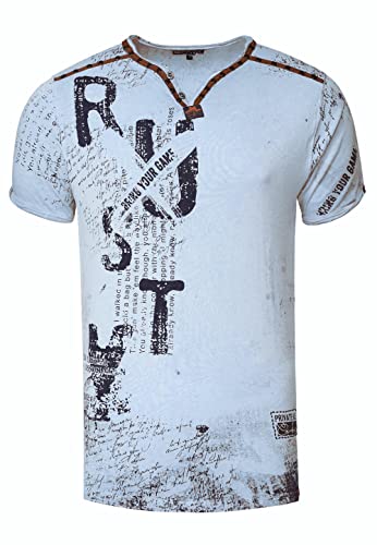 V-Neck Herren T-Shirt Vinatage Used-Look mit Plakativem Front und Back Print Kurzarm-Shirt Wildleder-Details mit Nieten-Verlauf 289, Farbe:Blau, Größe S-3XL:XL von Rusty Neal