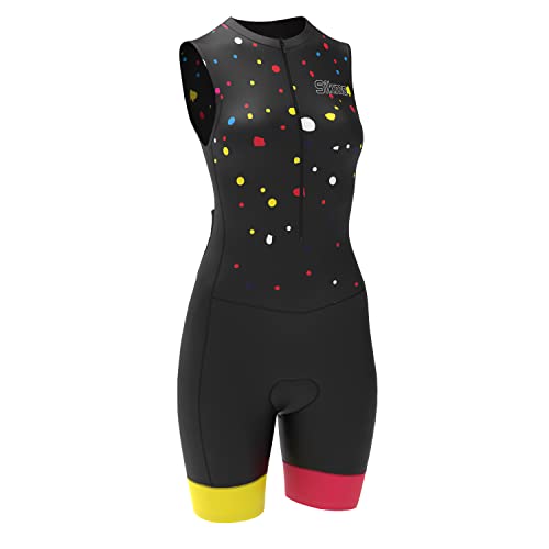 Damen Radsport Skinsuit Frauen Gepolstert Einteiler Trisuit Bike Top Kurz Sublimiertes Design Trägerhose, Ärmellos-Rot/Gelb, 38 von S Sikma