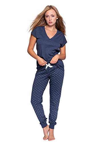 SENSIS stillvoller Baumwoll-Pyjama (Made in EU) Schlafanzug Hausanzug aus feinem T-Shirt und bequemer Hose, Gr. S (36), Dunkelblau/Weiß mit Punkten von S& SENSIS