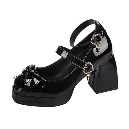 S8DOCFAF Damen Punk Herz Schnalle High Heels Damen Frühling 2024 Schwarz Dicke Sohle Lolita Schuhe Damen Fliege Dicker Absatz Gothic Schuhe Damenschuhe von S8DOCFAF