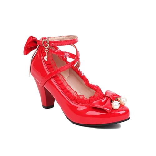 S8DOCFAF Frühling Damen High Heels Cross Strap Schuhe Party Weiß Rot Schwarz Schleife Prinzessin Lolita Schuhe von S8DOCFAF