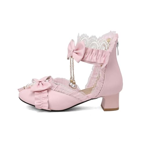 S8DOCFAF Frühling Sommer Damen High Heels High Heels Party Weiß Rosa Schwarz Perlen Schleife Prinzessin Lolita Schuhe von S8DOCFAF