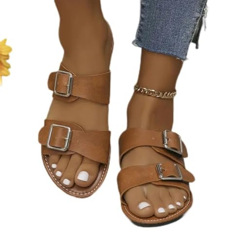 S8DOCFAF Damen neue Sommertrend Schnalle flache Freizeitschuhe Hausschuhe täglich flacher Mund Party Damen Sandalen große Damenschuhe von S8DOCFAF