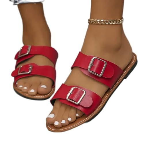 S8DOCFAF Damen neue Sommertrend Schnalle flache Freizeitschuhe Hausschuhe täglich flacher Mund Party Damen Sandalen große Damenschuhe von S8DOCFAF