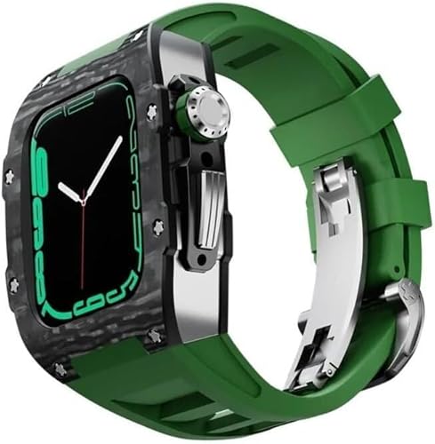 SAAWEE Kohlefaser-Uhrengehäuse, fluororiertes Gummiband, für Apple Watch Serie 8/7/6/5/4/SE, 45 mm, 44 mm, Ersatzzubehör, RM-Stil, Metallkrone, Sportarmband, Mod Kit, 45 mm, Achat von SAAWEE