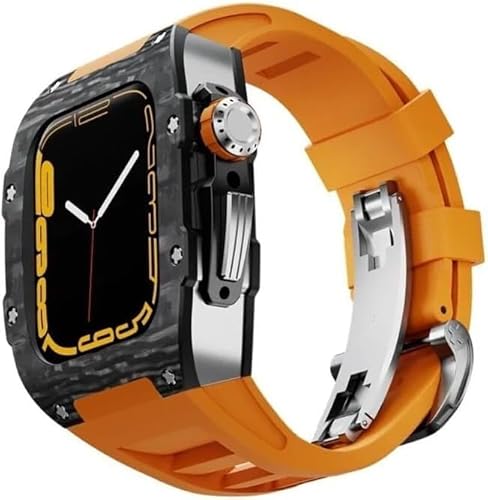 SAAWEE Kohlefaser-Uhrengehäuse, fluororiertes Gummiband, für Apple Watch Serie 8/7/6/5/4/SE, 45 mm, 44 mm, Ersatzzubehör, RM-Stil, Metallkrone, Sportarmband, Mod Kit, 45 mm, Achat von SAAWEE