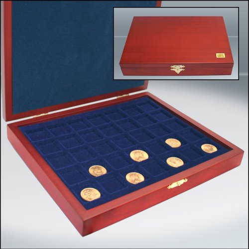 SAFE 5883 Holz Münzkassette für 79 Münzen 27-41 mm | wattiertes Deckelkissen und 3 samtblauen Tableaus | quadratische Fächer, tresortauglich, stapelbar | Abmessungen: 255 x 210 x 40 mm von SAFE