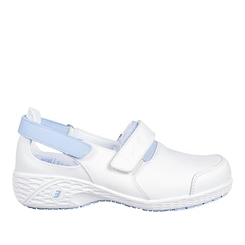 SAFETY JOGGER Sicherheitsschuhe Damen 38 EU - Samantha - Leichte, Bequemer Sicherheitsclog, Klettverschluss Leder Arbeitsschuh, ideal für Pflege oder Reinigung, Oxypas, Weiß Blau von SAFETY JOGGER