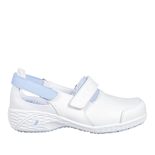 SAFETY JOGGER Sicherheitsschuhe Damen 39 EU - Samantha - Leichte, Bequemer Sicherheitsclog, Klettverschluss Leder Arbeitsschuh, ideal für Pflege oder Reinigung, Oxypas, Weiß Blau von SAFETY JOGGER