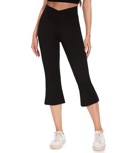 SAFORT Caprihose Damen Sommer 3/4 Yogahose V-Taille Bootcut Leicht 7/8 Sporthose mit Keine Tasche für Sport Lässig, Schwarz,L von SAFORT