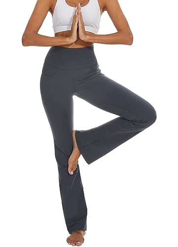 SAFORT Damen Yogahose V Rücken Lange Schlaghose mit 4 Taschen Hohe Taille Stretch Freizeit Jogginghose Arbeitshose Ausgestellte- Grau - XL von SAFORT