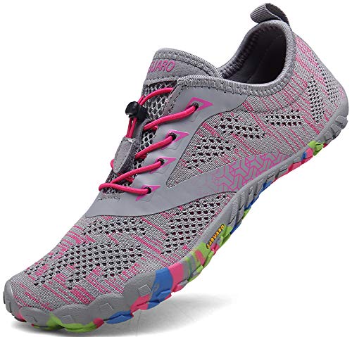 Barfussschuhe Frauen Schnell Trocknend Trail Laufschuhe Damen Leicht Fitnessschuhe Barfuß Zehen Sport Outdoor Schuhe Fliegender Stoff Rosa Gr.37 von SAGUARO