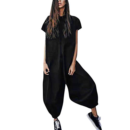 SALUC1A Damen Harem Jumpsuit Casual Leinen Lang Overall Baggy Rundhals Kurzarm Weites Bein Hosenanzug Playsuit Romper von SALUCIA Damen Jumpsuits