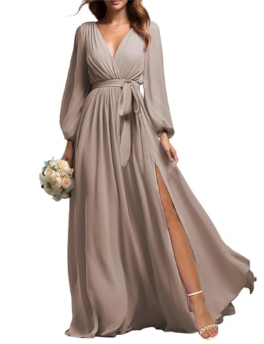 Prom Langarm Brautjungfer Kleider mit Schlitz für Frauen Chiffon V-Ausschnitt Formale Abendkleid, taupe, 38 von SAMHO