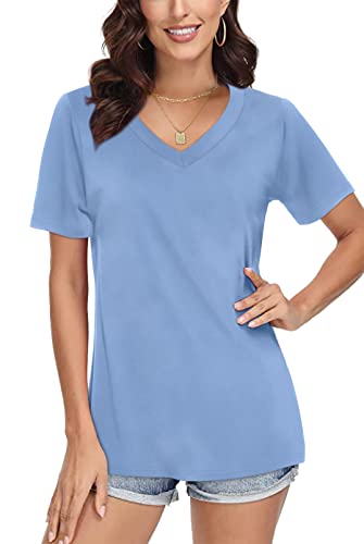 SAMPEEL T Shirt Damen V-Ausschnitt Tops Sommer Oberteile Shirt Elegant Kurzarm Casual Basic Blau XXL von SAMPEEL