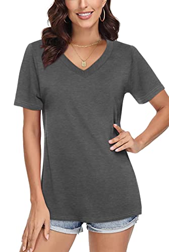 SAMPEEL T Shirt Damen V-Ausschnitt Tops Sommer Oberteile Shirt Elegant Kurzarm Casual Basic Grau S von SAMPEEL