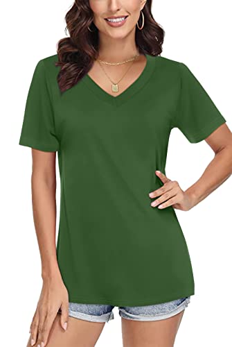 SAMPEEL T Shirt Damen V-Ausschnitt Tops Sommer Oberteile Shirt Elegant Kurzarm Casual Basic Grün M von SAMPEEL