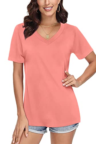 SAMPEEL T Shirt Damen V-Ausschnitt Tops Sommer Oberteile Shirt Elegant Kurzarm Casual Basic Rosa S von SAMPEEL