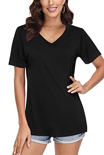 SAMPEEL T Shirt Damen V-Ausschnitt Tops Sommer Oberteile Shirt Elegant Kurzarm Casual Basic Schwarz S von SAMPEEL