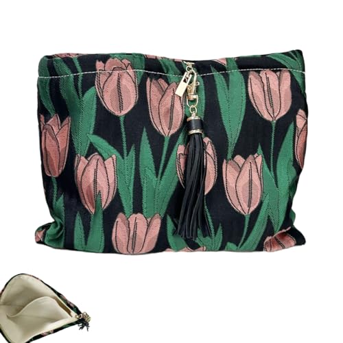 SANCABA Kosmetiktasche mit großem Fassungsvermögen, Make-up-Tasche für Damen, Segeltuch-Kulturbeutel, Reise-Organizer, werfen Sie es in Tasche, Tulpen Schwarz Rosa, Schwarze Kosmetiktasche Schwarz von SANCABA