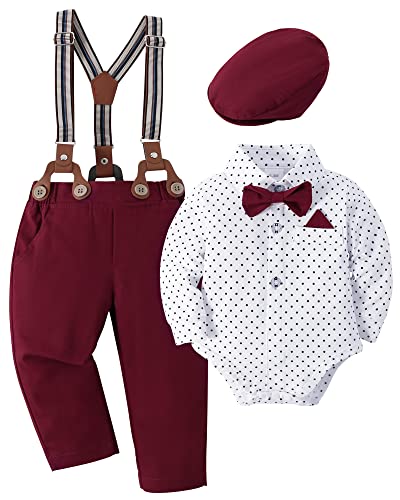 SANMIO Baby Jungen Bekleidung Set, 4pcs Gentlemen Romper Outfits + Suspender Pants + Beret Hat + Bowtie, Hochzeit Taufe Formal Anzug Rot, 6-12 Monate von SANMIO