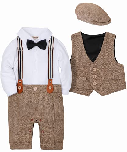 SANMIO Baby Jungen Bekleidung Set, Taufe Junge 3tlg with Fliege + Weste + Hut Gentleman Langarm Anzug Outfit für Festlich Geburtstag Hochzeit, 12-18 Monate(Körpergröße 90), Braun von SANMIO