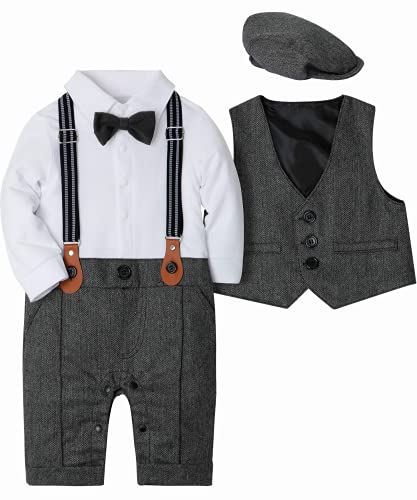 SANMIO Baby Jungen Bekleidung Set, Taufe Junge 3tlg with Fliege + Weste + Hut Gentleman Langarm Anzug Outfit für Festlich Geburtstag Hochzeit, 6-9 Monate(Körpergröße 70), Grau von SANMIO