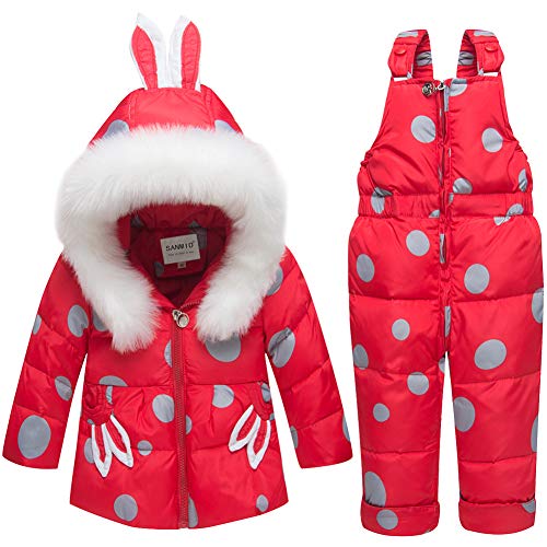 SANMIO Baby Mädchen Winterjacke Warm Schneeanzug Daunenjacke Skianzug Süß Schneeanzug Mit Kapuze + Schneelatzhose Down Jacket 2tlg Bekleidungsset Verdickte Rot, 18-24 Monate von SANMIO