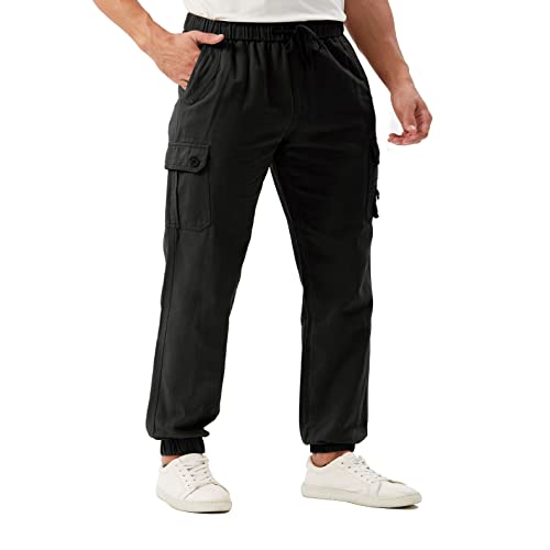 SANMIO Jogginghose Herren Baumwolle Chino Cargo Hose Herren mit 6 Taschen Freizeithose Elastische Taille Stretch Sweatpants Schwarz L von SANMIO