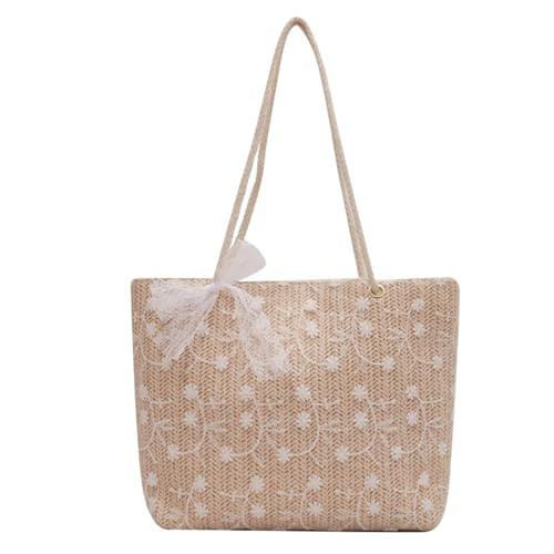 Mehrzweck-Schultertasche aus gewebtem Stroh, mit Spitze, Schleife, Stickerei, Blume, große Kapazität, Handtasche für Strand oder Reisen, Weiß / weiße Blumen Mehrzweck-Schultertasche aus gewebtem Stroh, mit Spitze, Schleife, Stickerei, Blume, große Kapazität, Handtasche für Strand oder Reisen, Weiß / weiße Blumen von SANRLO