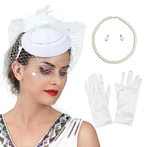 SANRLO Haarspangen, Stirnbänder, Haarschmuck für Damen, 1 Set, Netzschleier und Hut, Haarreif mit Perlen, Ohrringen, Halskette und Handschuhen, Halloween, Cosplay, Abschlussball, Partyzubehör für von SANRLO