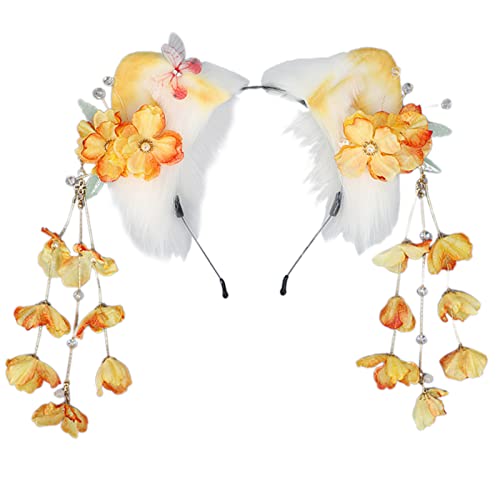 SANRLO Haarspangen, Stirnbänder, Haarschmuck für Damen, pelzige Füchse, Ohren, Katzen, Mädchen, Cosplays, Haarschmuck, niedliches Plüsch-Ohr-Stirnband, Blumen-Dekorationen, Rollenspiele von SANRLO