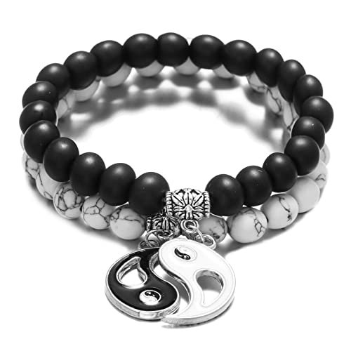 SANRLO Modisches Armband für Herren und Damen, Taiji, Yin, Yang, Feng Shui, Charm-Armband, natürliches Weiß, Türkis und schwarze Perlen, Paar-Armbänder, Size reference picture, Metalllegierung von SANRLO