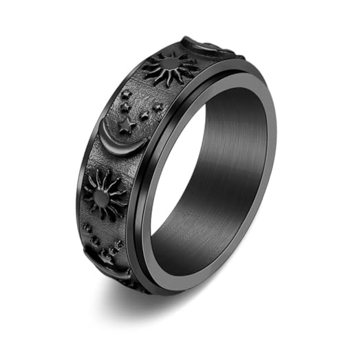 SANRLO Ring, Mondstern für Sonne, Spinner, Fidget für Angst, Statement-Schmuck, Feinabstimmung, drehbar, für Damen und Herren, Size reference picture, Titanstahl von SANRLO