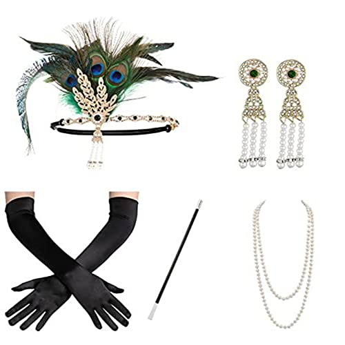 SANRLO Stirnbänder, Haar-Accessoires für Damen, Vintage-Stil, 1920er-Jahre, Flapper Gatsby, Kostümzubehör-Set, Feder-Stirnband, Halskette, Ohrringe für 20er-Jahre Cocktail-Party von SANRLO