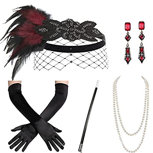 SANRLO Stirnbänder, Haar-Accessoires für Damen, Vintage-Stil, 1920er-Jahre, Flapper Gatsby, Kostümzubehör-Set, Feder-Stirnband, Halskette, Ohrringe für 20er-Jahre Cocktail-Party von SANRLO