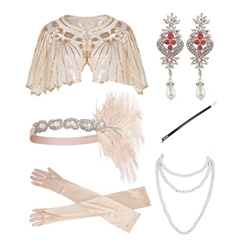 SANRLO Stirnbänder, Haar-Accessoires für Damen, Vintage-Stil, 1920er-Jahre, Flapper Gatsby, Kostümzubehör-Set, Feder-Stirnband, Halskette, Ohrringe für 20er-Jahre Cocktail-Party von SANRLO