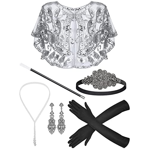 SANRLO Stirnbänder, Haar-Accessoires für Damen, Vintage-Stil, 1920er-Jahre, Flapper Gatsby, Kostümzubehör-Set, Feder-Stirnband, Halskette, Ohrringe für 20er-Jahre Cocktail-Party von SANRLO