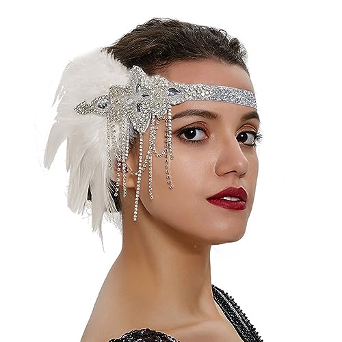 SANRLO Stirnbänder, Haar-Accessoires für Damen, Vintage-Stil, 1920er-Jahre-Kostüm, Feder-Stirnband, Strass, Fransen, Kopfschmuck für 20er-Jahre Cocktail-Party von SANRLO