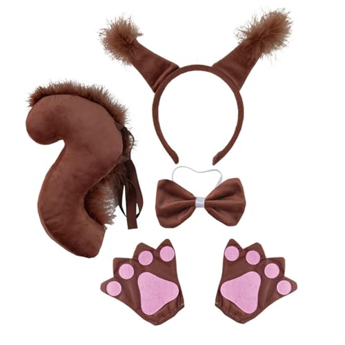 SANRLO Stirnbänder, Haarschmuck für Damen, 3-teiliges Cartoon-Eichhörnchen-Ohr-Haarreif mit Schwanz/Fliege/Rock/Handschuh-Set, Aufführungen, Rollenspiele, Kopfbedeckung für Teenager und Frauen von SANRLO