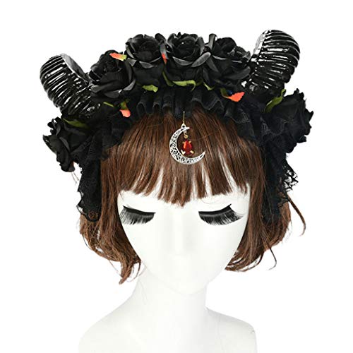 SANRLO Stirnbänder, Haarschmuck für Damen, Halloween, Gothic, Rüschen, Spitze, Stirnband, Rose, Schaf, Horn, Mond, Anhänger, Haarreifen von SANRLO